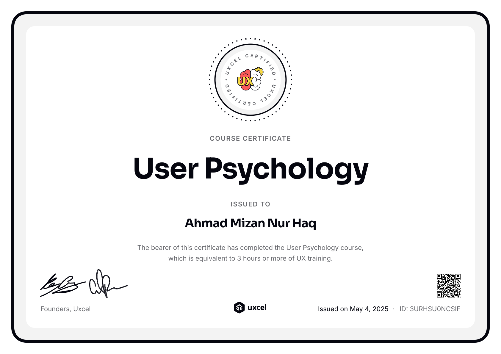 Ahmad Mizan Nur Haq's certificate